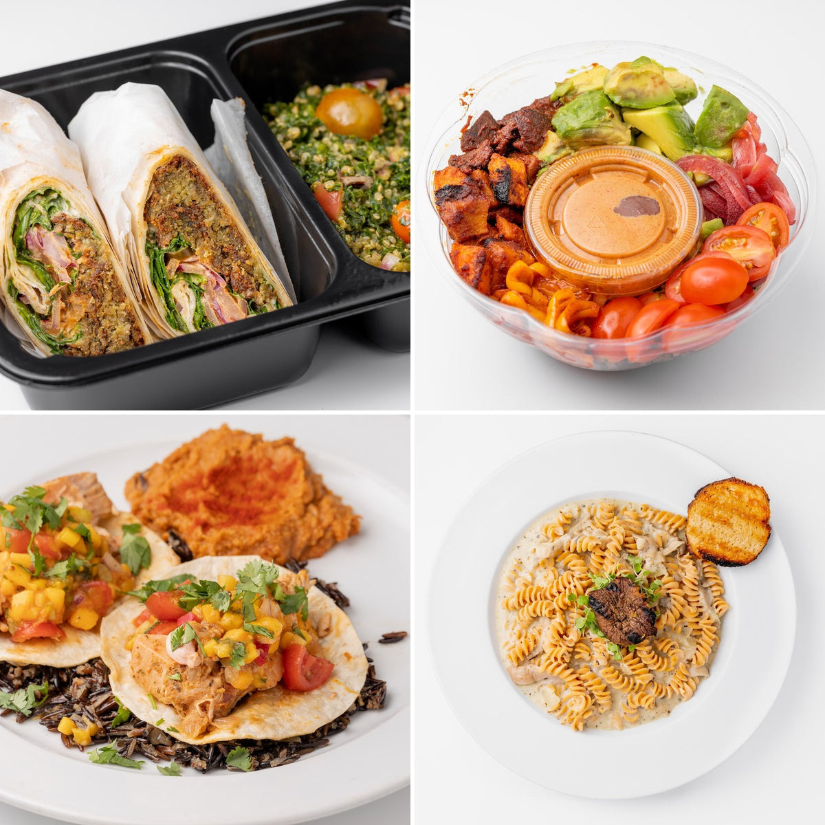 A Grateful Plate Chef's Choice Box — four chef-made whole-food plant-based meals from this week's menu