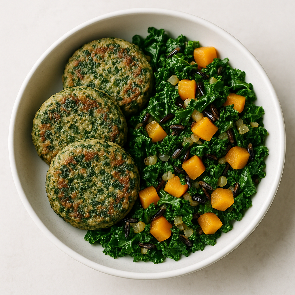 Kale and Quinoa Patties w/ Kale & Butternut Hash