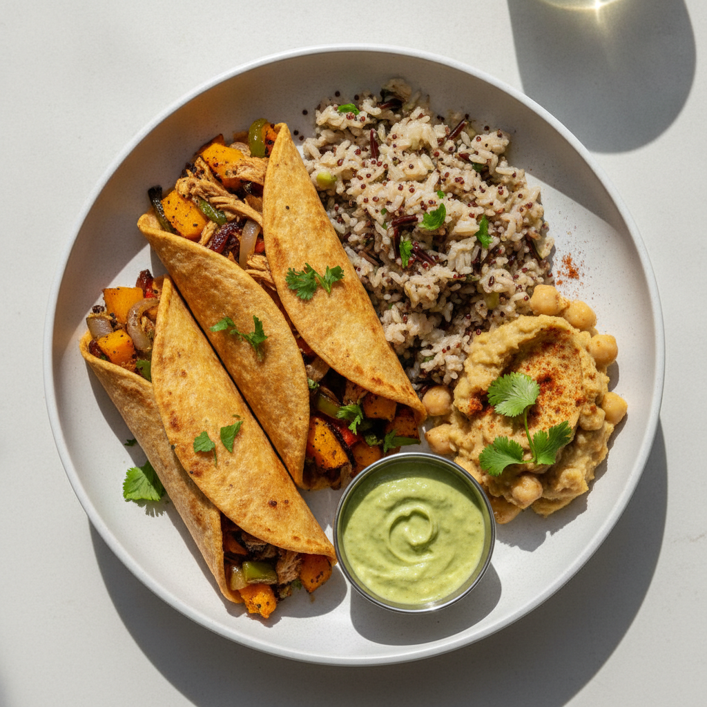 Taquitos Served with Wild Rice and Refried Garbanzos