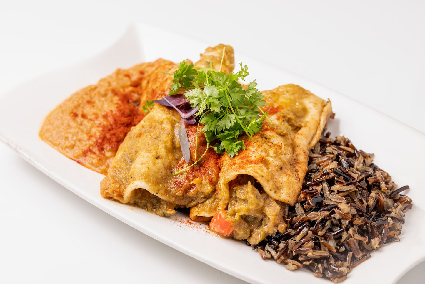 Green Enchiladas with Wild Rice and Refried Garbanzos
