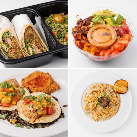 A Grateful Plate Chef's Choice Box — four chef-made whole-food plant-based meals from this week's menu