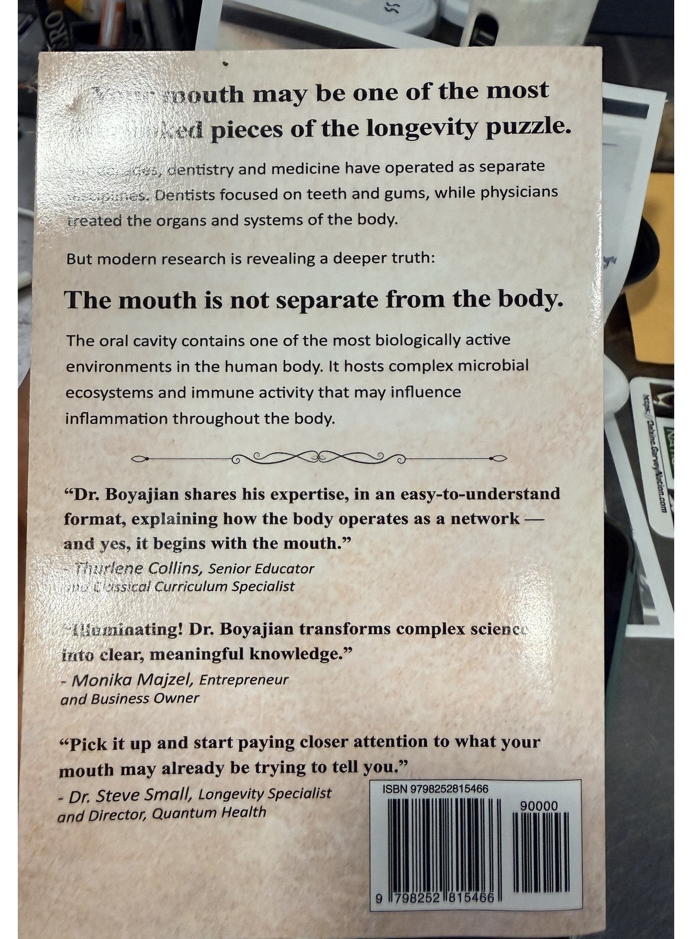 Longevity and Your Mouth — back cover with reviews and ISBN 9798252815466