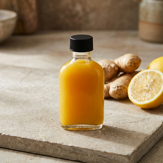 Beyond Vegan ginger shot in a capped glass bottle with fresh ginger and lemon