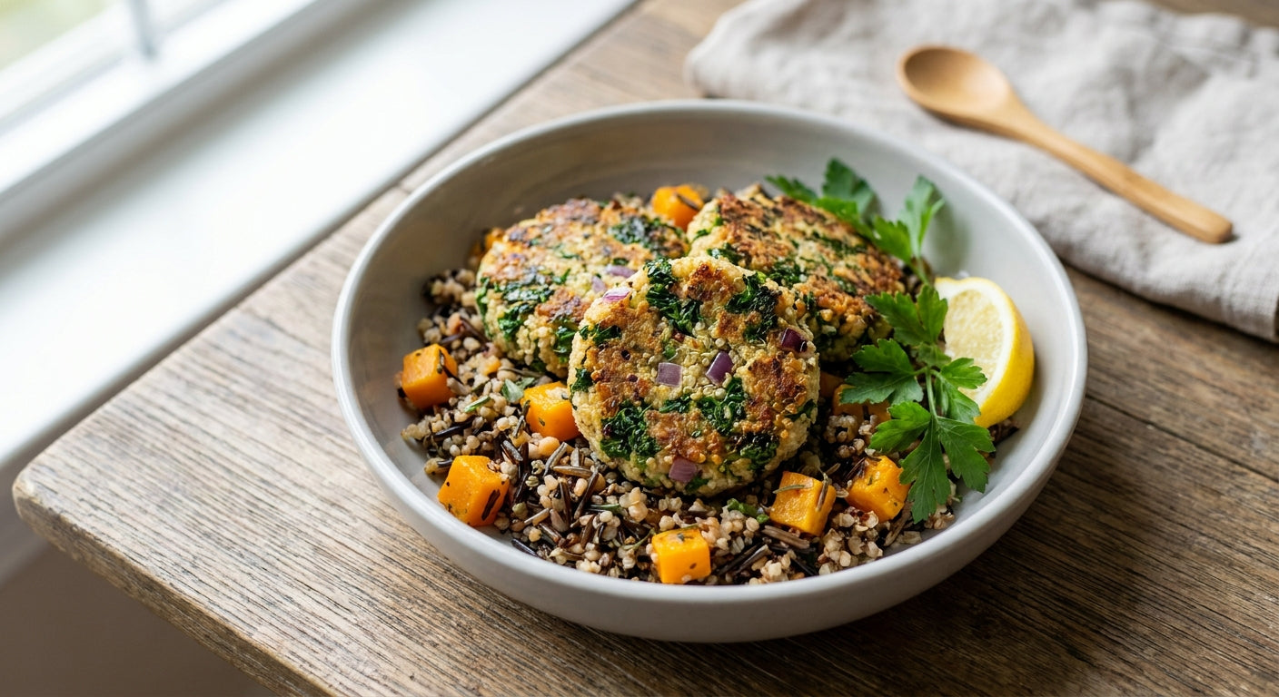 Kale and Quinoa Patties w/ Ancient Grain Pilaf