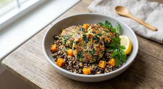 Kale and Quinoa Patties w/ Ancient Grain Pilaf