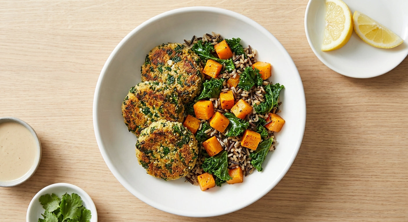 Kale and Quinoa Patties w/ Kale & Butternut Hash