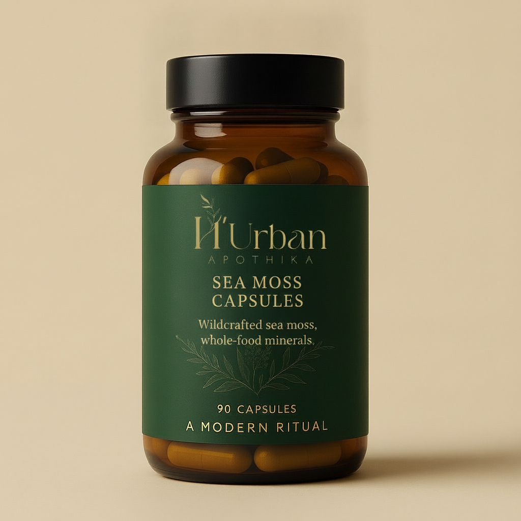 H'Urban Apothika Sea Moss Capsules, 90 capsules in an amber glass bottle