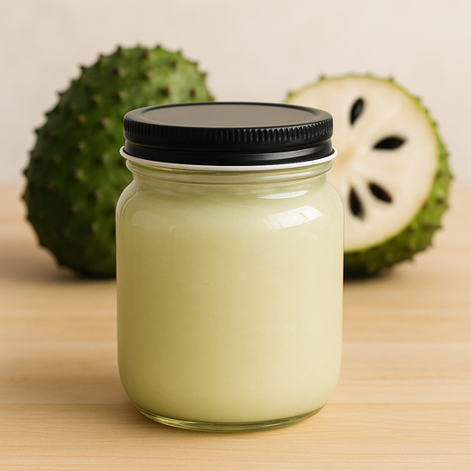 16 oz jar of Doin The Moss soursop sea moss gel with fresh soursop fruit