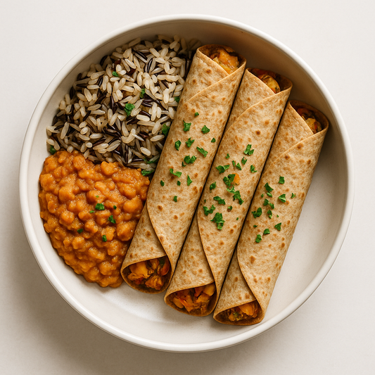 Taquitos Served with Wild Rice and Refried Garbanzos